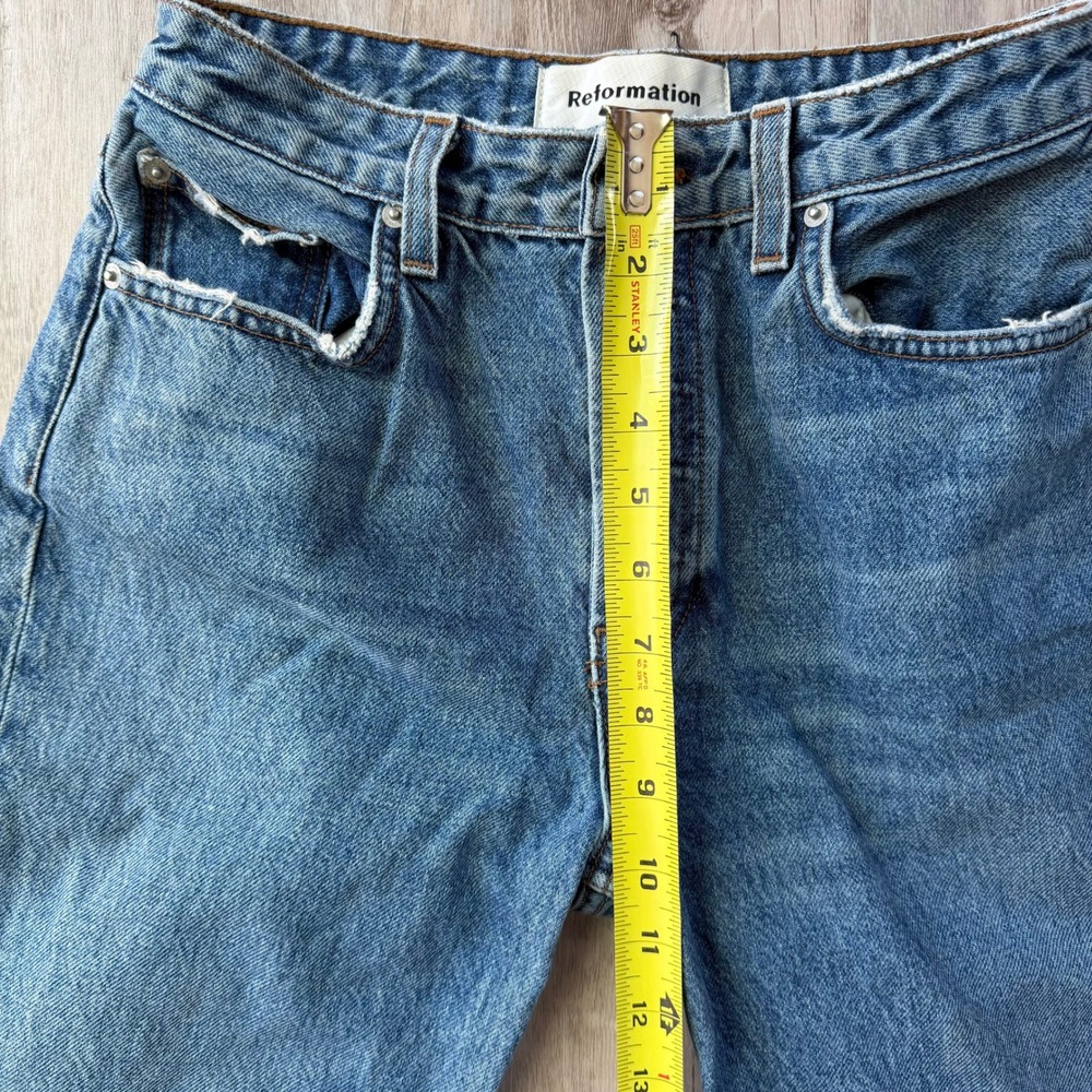 Reformation Mid Crop Flare Jeans Baltic Wash Blue Button Fly Raw Hem Size 28 - Picture 7 of 12
